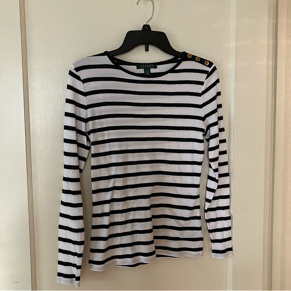 Lauren Ralph Lauren Cotton Striped Long Sleeve Top - Size Medium